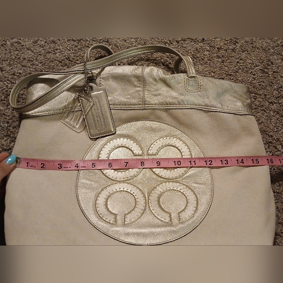 Coach Julia Perry Op Art Tote Ivory Shimmer Canvas Metallic Leather Bag EUC Rare - Picture 12 of 14